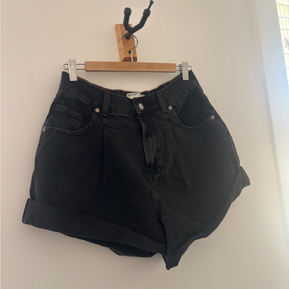 Free People We The Free Black Danni Pleated Cuff Hem Denim Shorts